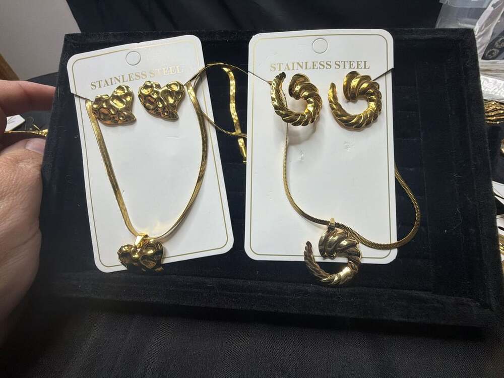 Stainless Steel Gold Plated Textured Heart & Twisted Hoop Jewelry Set
